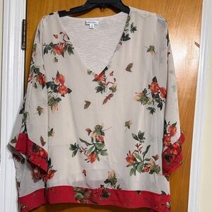 Elegant Floral V-Neck Blouse with Red Trim